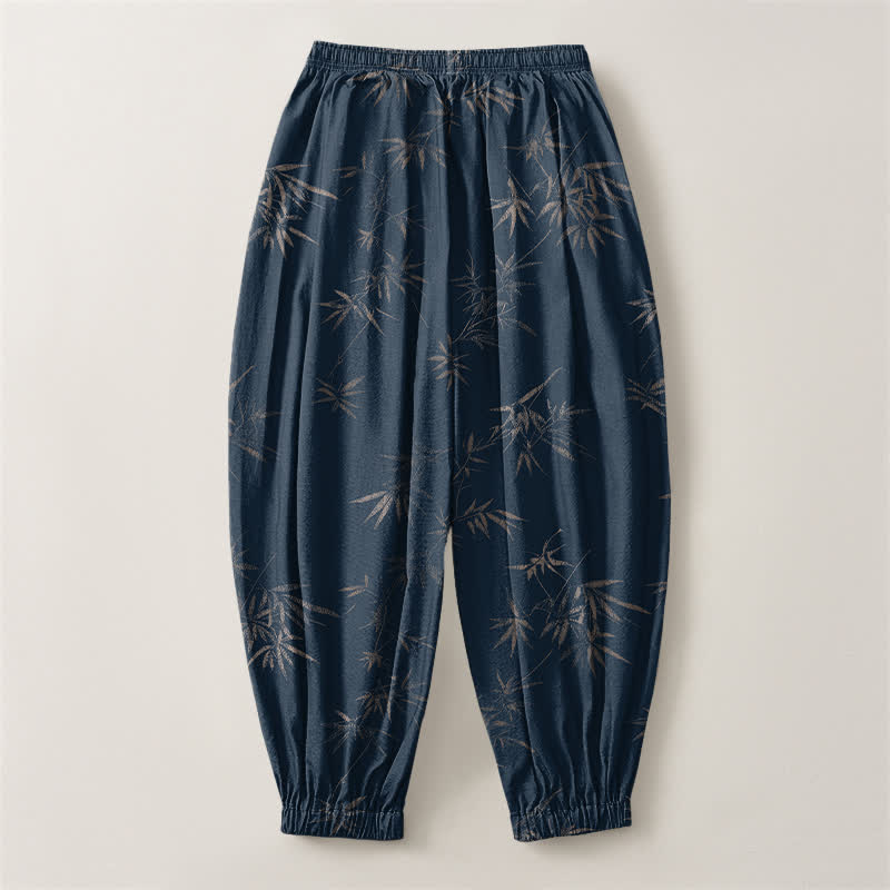 Buddha Stones Herren-Haremshose aus reiner Baumwolle mit Bambusblattmuster, Kordelzug und Taschen - image 8