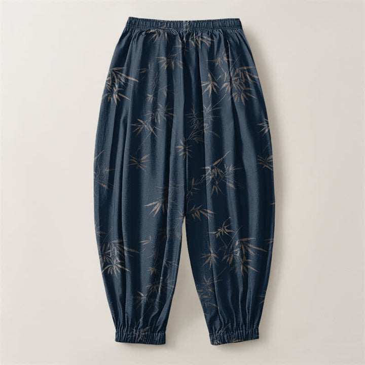 Buddha Stones Herren-Haremshose aus reiner Baumwolle mit Bambusblattmuster, Kordelzug und Taschen - image 8