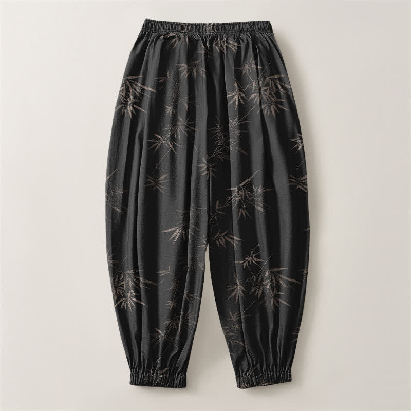 Buddha Stones Herren-Haremshose aus reiner Baumwolle mit Bambusblattmuster, Kordelzug und Taschen - image 14