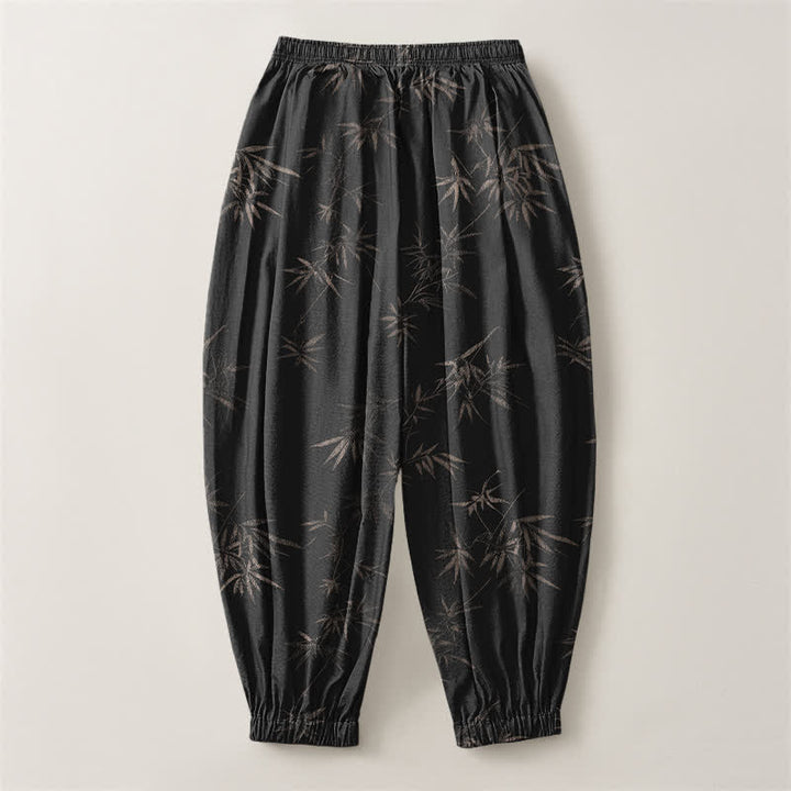 Buddha Stones Herren-Haremshose aus reiner Baumwolle mit Bambusblattmuster, Kordelzug und Taschen - image 14