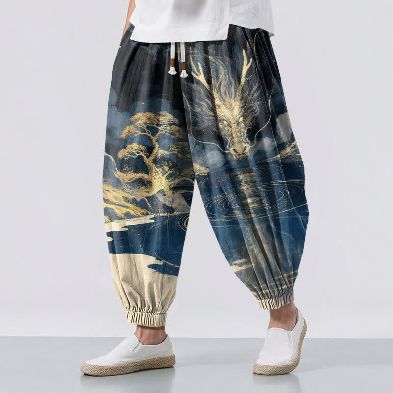 Buddha Stones Herren-Haremshose aus reiner Baumwolle mit goldenem Drachenmuster, Kordelzug und Taschen - Marine - US/UK/AU50, EU60 (5XL) - image 0