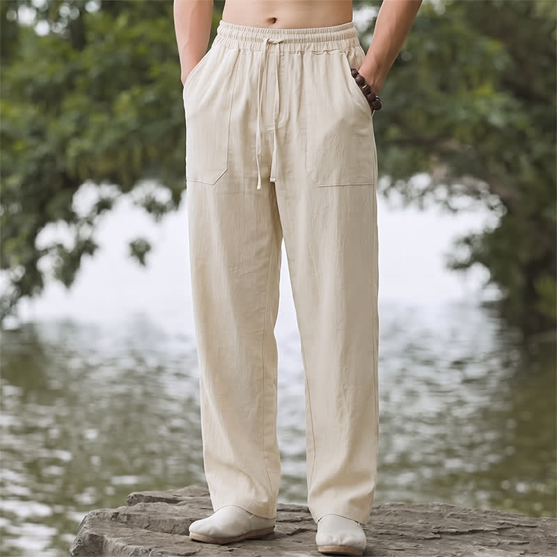Buddha Stones Klassische, minimalistische lange Herrenhose mit Kordelzug, geradem Bein und Taschen – ideal für Frühling und Sommer - Beige - US/UK/AU44, EU54 (3XL) - image 0