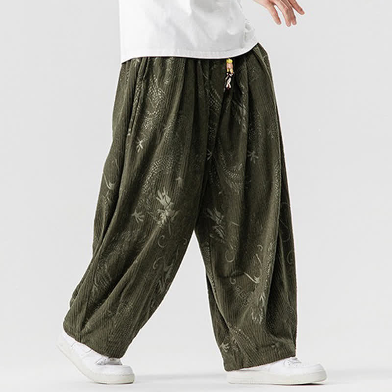 Buddha Stones Herbst/Winter Vintage Casual Lange Cordhose mit Drachenmotiv und Taschen - image 1