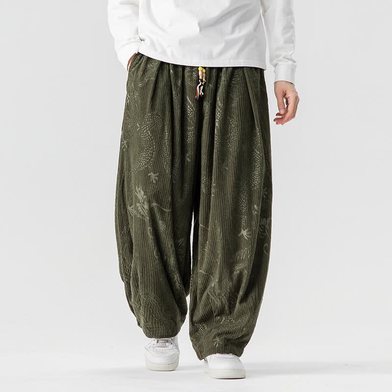 Buddha Stones Herbst/Winter Vintage Casual Lange Cordhose mit Drachenmotiv und Taschen - Dunkelolivgrün - US/UK/AU46, EU56 (5XL) - image 0