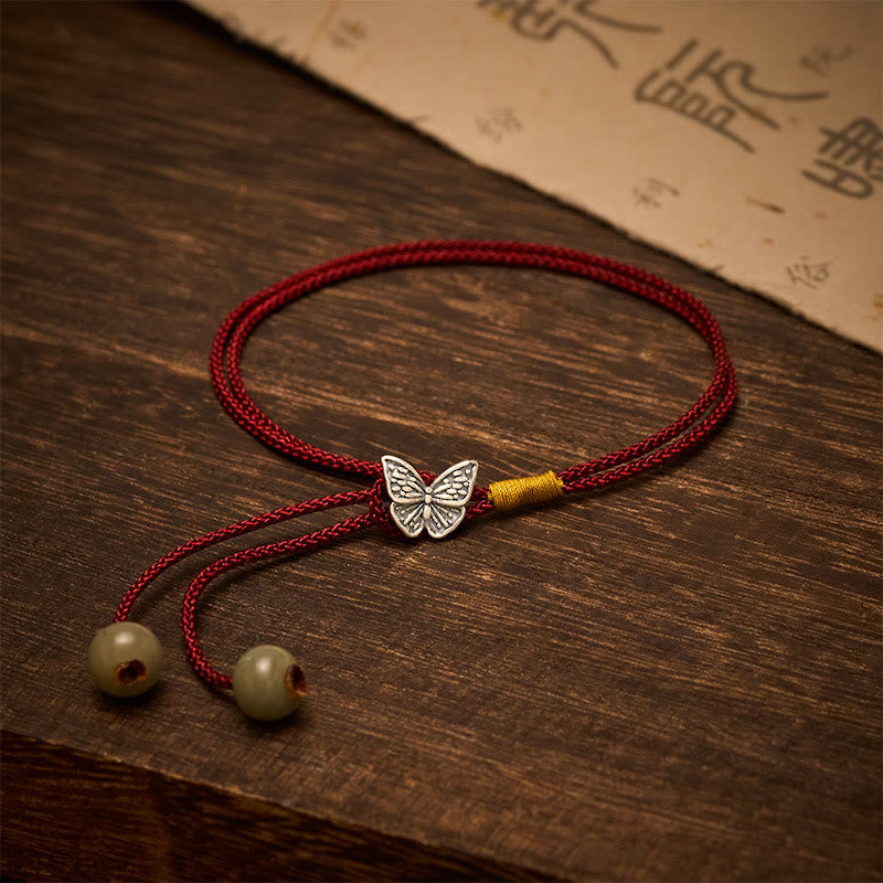 Buddha Stones Vintage-Armband aus 925er Sterlingsilber mit Schmetterlingsmotiv und geflochtener roter Schnur - Schmetterling (Handgelenkumfang: 14–18 cm) - image 0