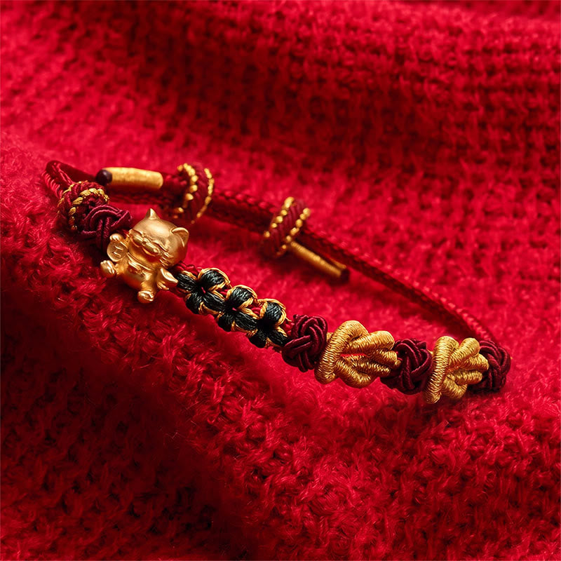 Buddha Stones Handgewebtes rotes Armband mit Glückskatzenmotiv - image 9