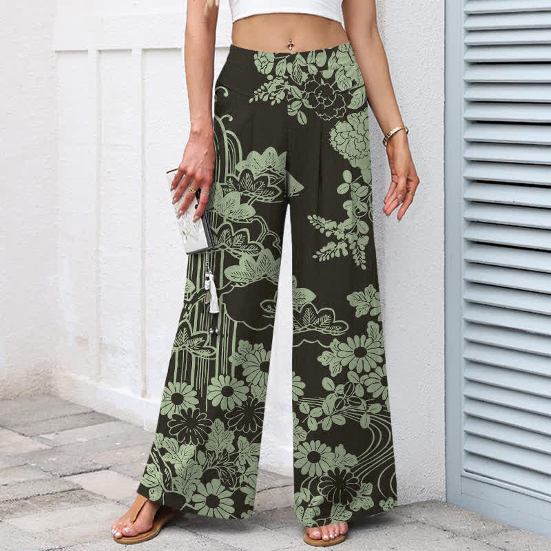 Buddha Stones Baumwoll-Leinen-Hose mit Vintage-Blumenmuster, elastischem Bund, weitem Bein und Taschen - image 1