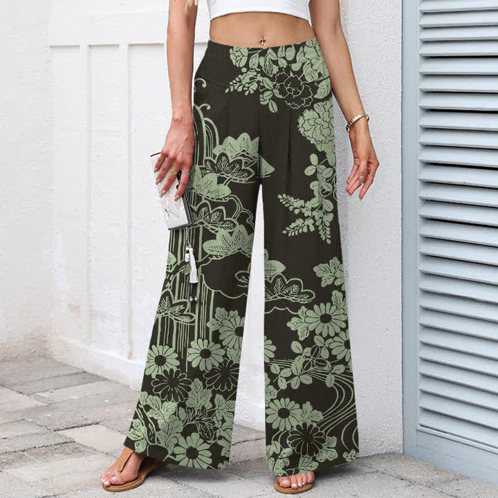 Buddha Stones Baumwoll-Leinen-Hose mit Vintage-Blumenmuster, elastischem Bund, weitem Bein und Taschen - image 1