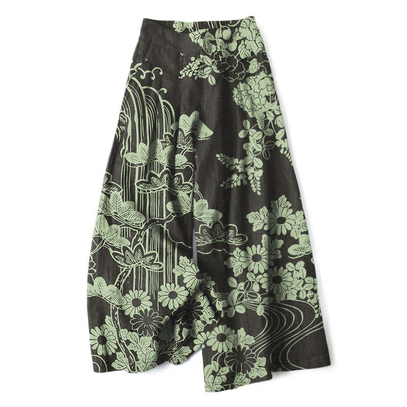 Buddha Stones Baumwoll-Leinen-Hose mit Vintage-Blumenmuster, elastischem Bund, weitem Bein und Taschen - Schwarz - US16, UK/AU20, EU48 (3XL) - image 0