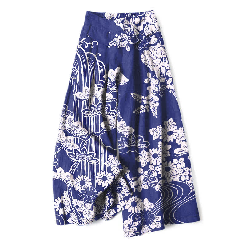 Buddha Stones Baumwoll-Leinen-Hose mit Vintage-Blumenmuster, elastischem Bund, weitem Bein und Taschen - Marine - US16, UK/AU20, EU48 (3XL) - image 4