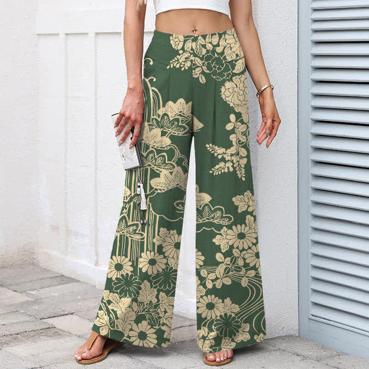 Buddha Stones Baumwoll-Leinen-Hose mit Vintage-Blumenmuster, elastischem Bund, weitem Bein und Taschen - image 7