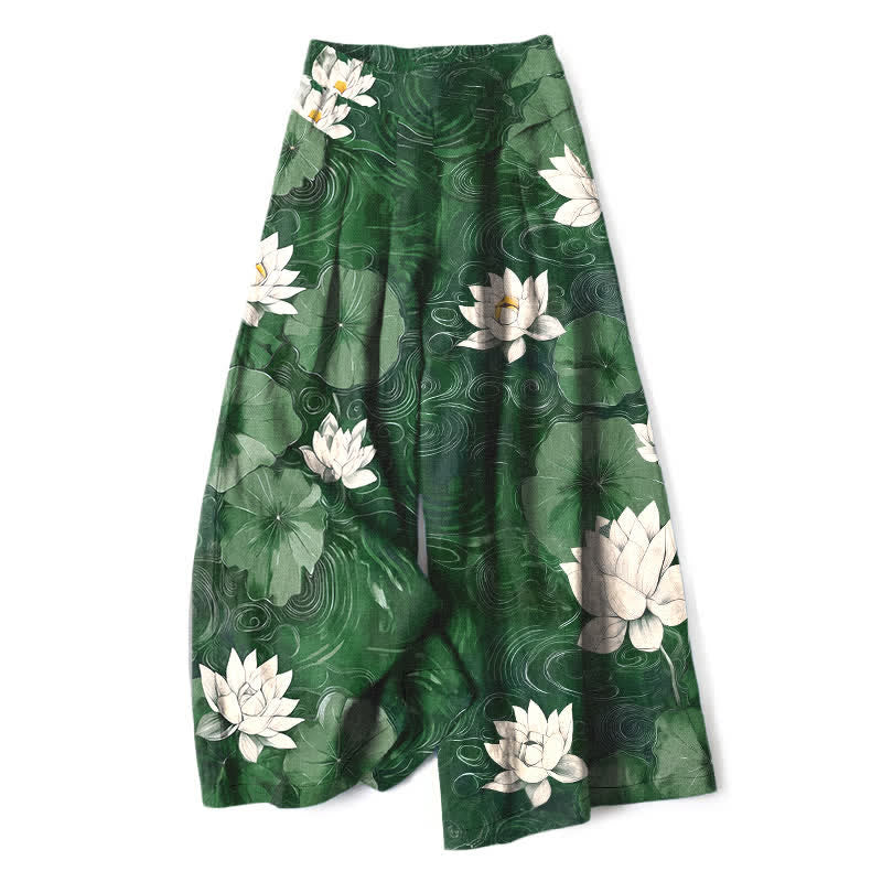 Buddha Stones Damenhose mit weitem Bein, elastischem Bund und Taschen, Baumwoll-Leinen-Mischgewebe mit Lotusblatt- und Blumenmuster - SeaGreen - US16, UK/AU20, EU48 (3XL) - image 0