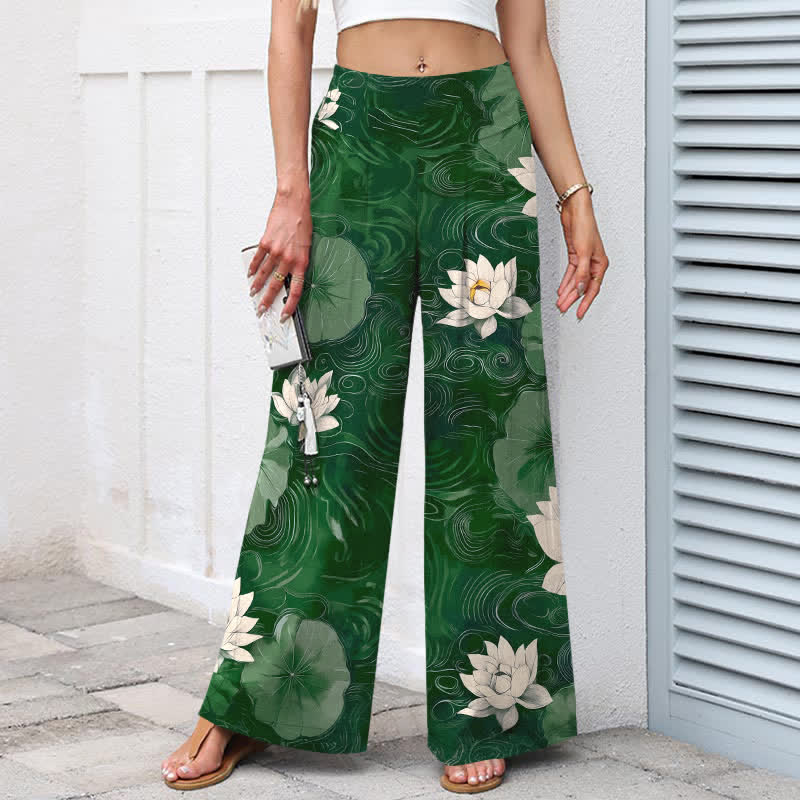 Buddha Stones Damenhose mit weitem Bein, elastischem Bund und Taschen, Baumwoll-Leinen-Mischgewebe mit Lotusblatt- und Blumenmuster - image 1
