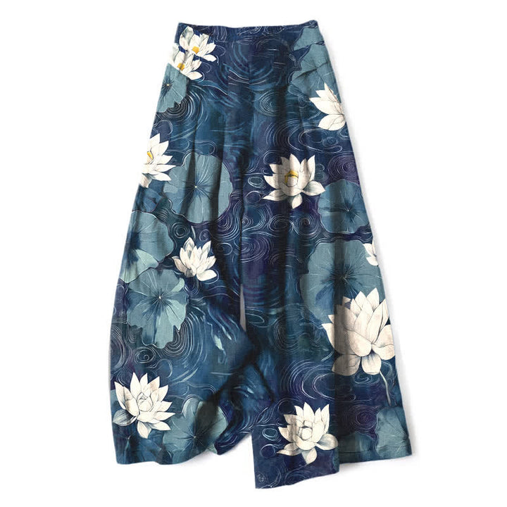 Buddha Stones Damenhose mit weitem Bein, elastischem Bund und Taschen, Baumwoll-Leinen-Mischgewebe mit Lotusblatt- und Blumenmuster - Marine - US16, UK/AU20, EU48 (3XL) - image 4