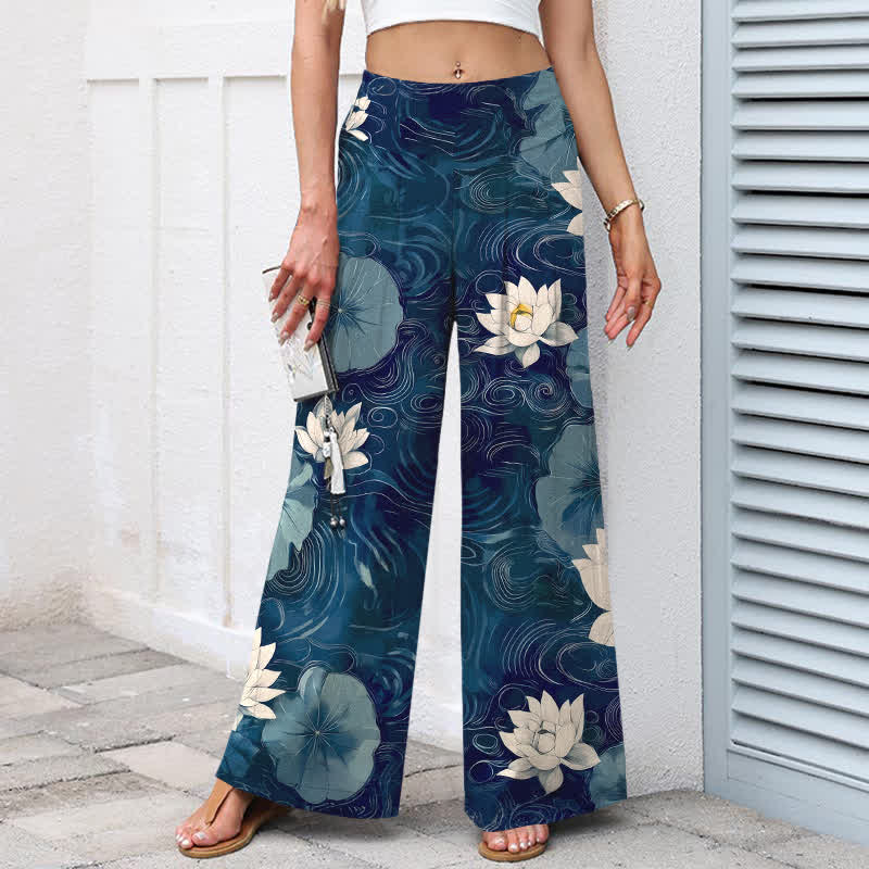 Buddha Stones Damenhose mit weitem Bein, elastischem Bund und Taschen, Baumwoll-Leinen-Mischgewebe mit Lotusblatt- und Blumenmuster - image 5