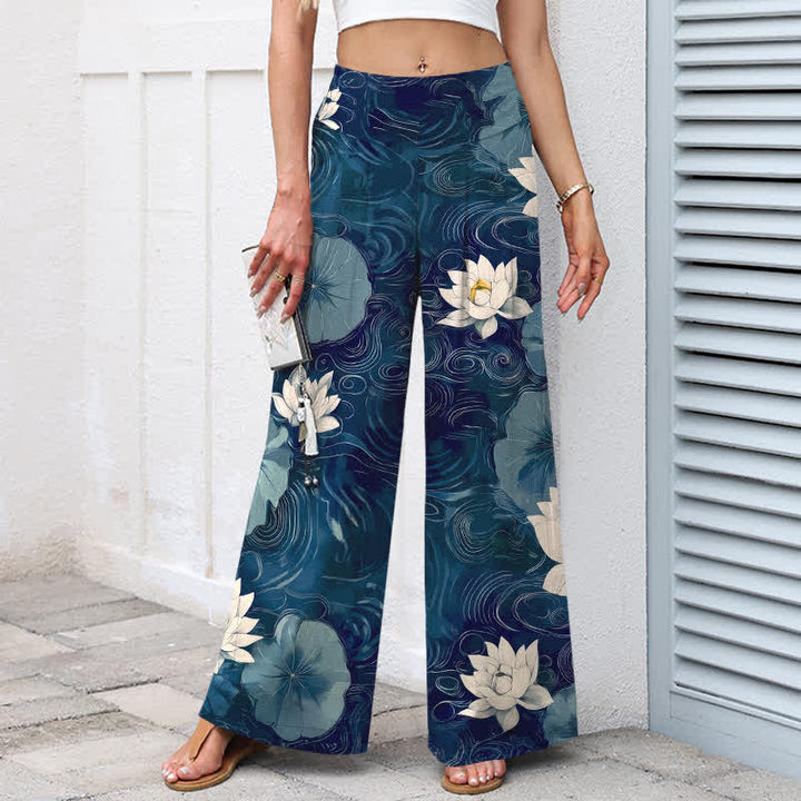 Buddha Stones Damenhose mit weitem Bein, elastischem Bund und Taschen, Baumwoll-Leinen-Mischgewebe mit Lotusblatt- und Blumenmuster - image 5