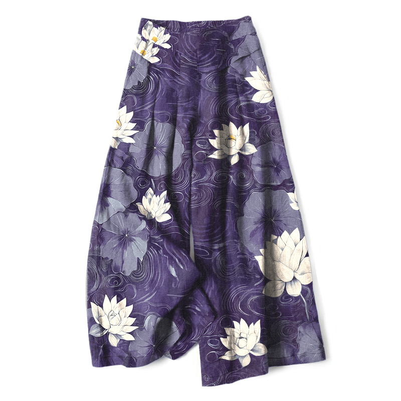 Buddha Stones Damenhose mit weitem Bein, elastischem Bund und Taschen, Baumwoll-Leinen-Mischgewebe mit Lotusblatt- und Blumenmuster - Dunkelviolett - US16, UK/AU20, EU48 (3XL) - image 6