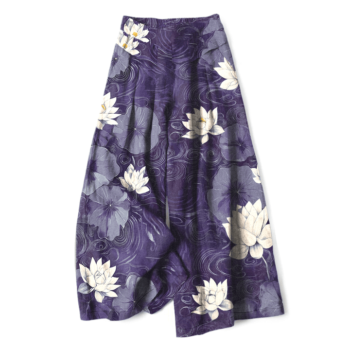Buddha Stones Damenhose mit weitem Bein, elastischem Bund und Taschen, Baumwoll-Leinen-Mischgewebe mit Lotusblatt- und Blumenmuster - Dunkelviolett - US16, UK/AU20, EU48 (3XL) - image 6