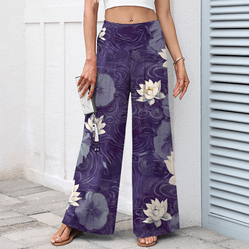 Buddha Stones Damenhose mit weitem Bein, elastischem Bund und Taschen, Baumwoll-Leinen-Mischgewebe mit Lotusblatt- und Blumenmuster - image 7