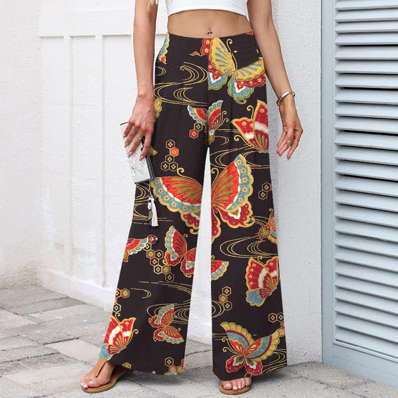 Buddha Stones Baumwoll-Leinen-Hose mit buntem Schmetterlingsmuster, elastischem Bund, weitem Bein und Taschen - image 1