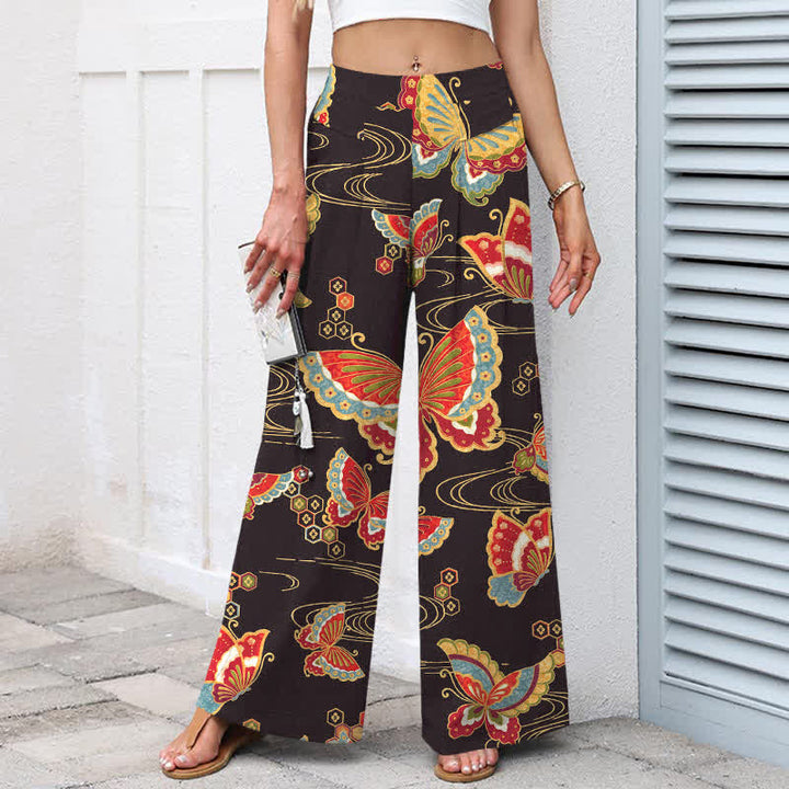 Buddha Stones Baumwoll-Leinen-Hose mit buntem Schmetterlingsmuster, elastischem Bund, weitem Bein und Taschen - image 1