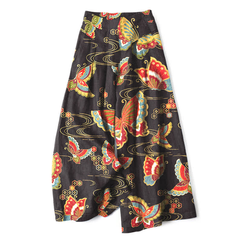 Buddha Stones Baumwoll-Leinen-Hose mit buntem Schmetterlingsmuster, elastischem Bund, weitem Bein und Taschen - Schwarz - US16, UK/AU20, EU48 (3XL) - image 0