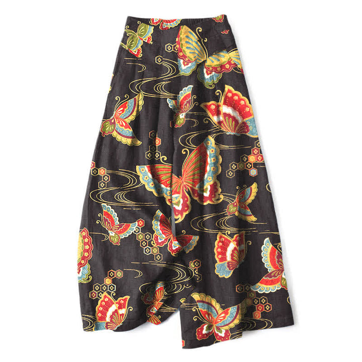 Buddha Stones Baumwoll-Leinen-Hose mit buntem Schmetterlingsmuster, elastischem Bund, weitem Bein und Taschen - Schwarz - US16, UK/AU20, EU48 (3XL) - image 0