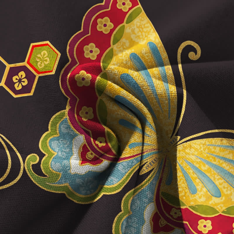 Buddha Stones Baumwoll-Leinen-Hose mit buntem Schmetterlingsmuster, elastischem Bund, weitem Bein und Taschen - image 3