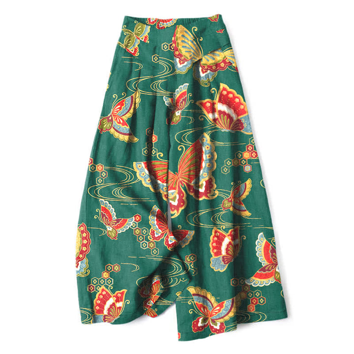 Buddha Stones Baumwoll-Leinen-Hose mit buntem Schmetterlingsmuster, elastischem Bund, weitem Bein und Taschen - Türkis - US16, UK/AU20, EU48 (3XL) - image 4