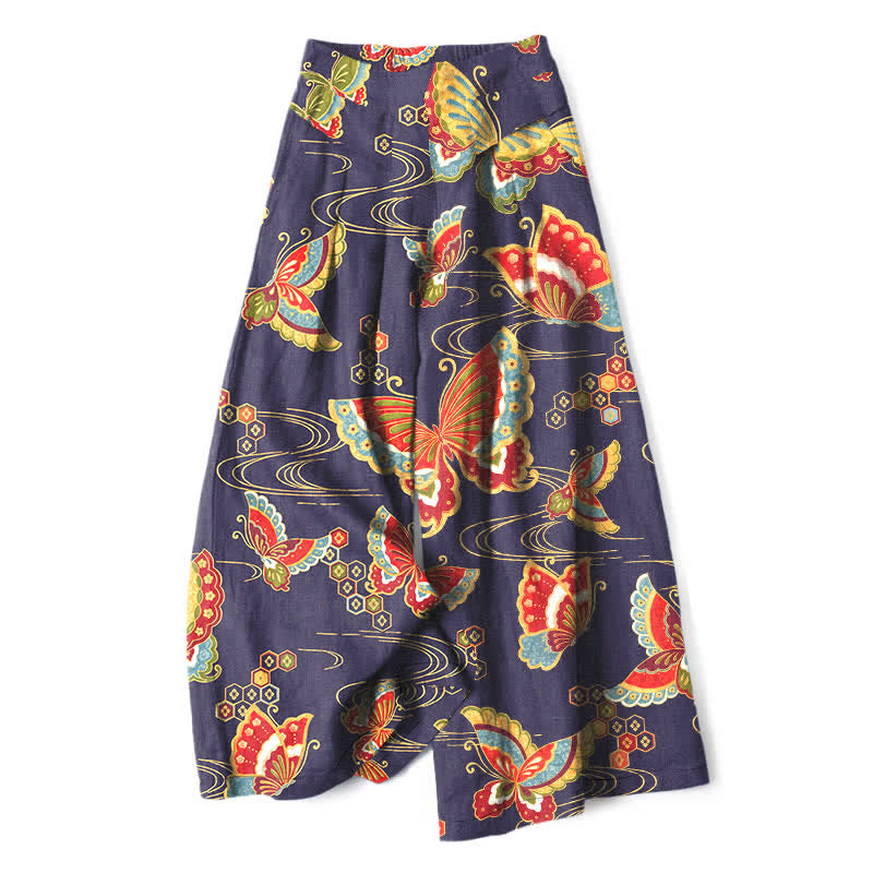 Buddha Stones Baumwoll-Leinen-Hose mit buntem Schmetterlingsmuster, elastischem Bund, weitem Bein und Taschen - Indigo - US16, UK/AU20, EU48 (3XL) - image 6