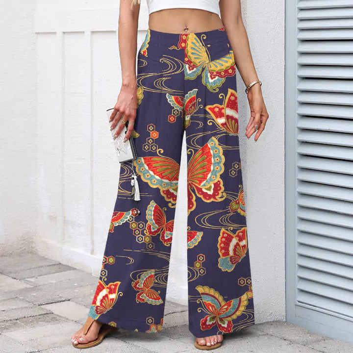 Buddha Stones Baumwoll-Leinen-Hose mit buntem Schmetterlingsmuster, elastischem Bund, weitem Bein und Taschen - image 7