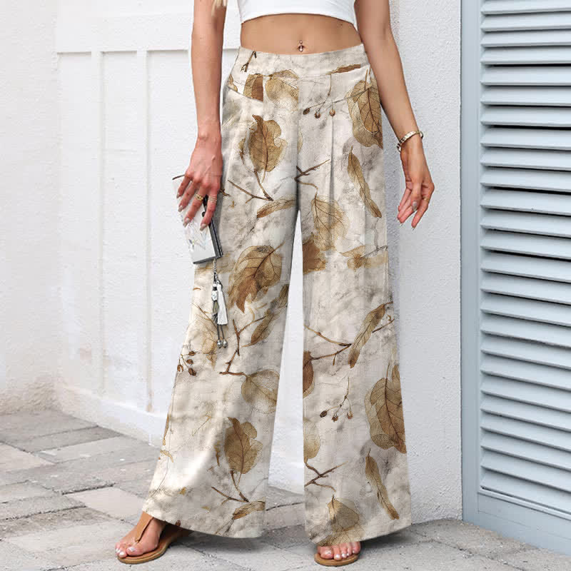 Buddha Stones Baumwoll-Leinen-Hose mit botanischem Blattmuster, elastischem Bund, weitem Bein und Taschen - image 1