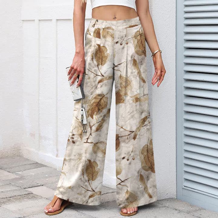 Buddha Stones Baumwoll-Leinen-Hose mit botanischem Blattmuster, elastischem Bund, weitem Bein und Taschen - image 1