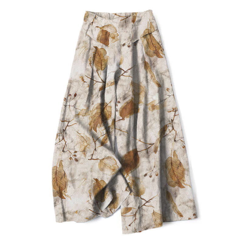 Buddha Stones Baumwoll-Leinen-Hose mit botanischem Blattmuster, elastischem Bund, weitem Bein und Taschen - Beige - US16, UK/AU20, EU48 (3XL) - image 0