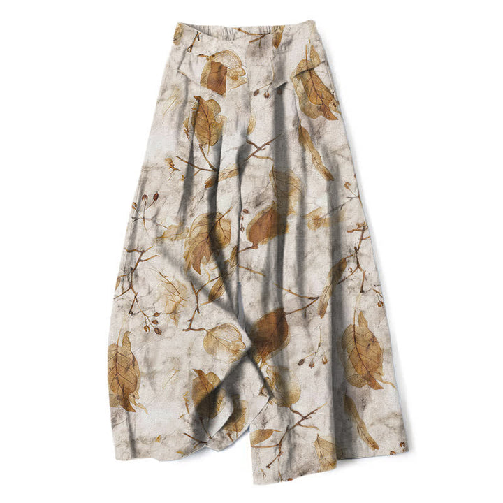 Buddha Stones Baumwoll-Leinen-Hose mit botanischem Blattmuster, elastischem Bund, weitem Bein und Taschen - Beige - US16, UK/AU20, EU48 (3XL) - image 0