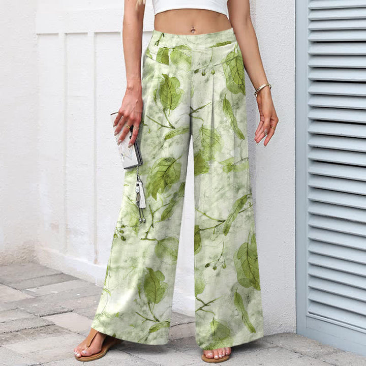 Buddha Stones Baumwoll-Leinen-Hose mit botanischem Blattmuster, elastischem Bund, weitem Bein und Taschen - image 5