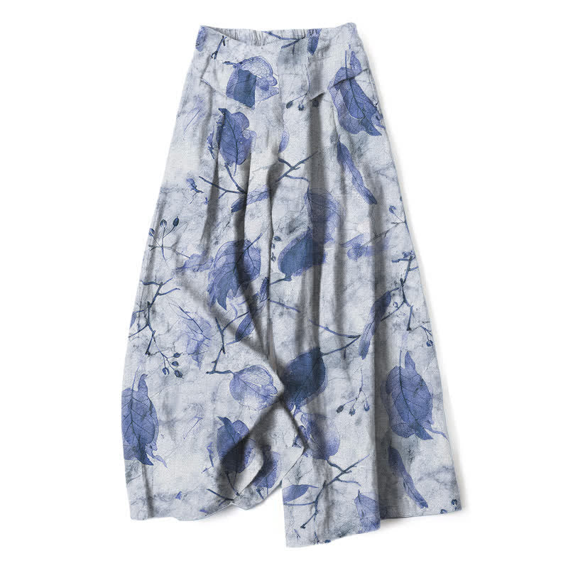 Buddha Stones Baumwoll-Leinen-Hose mit botanischem Blattmuster, elastischem Bund, weitem Bein und Taschen - Hellstahlblau - US16, UK/AU20, EU48 (3XL) - image 6