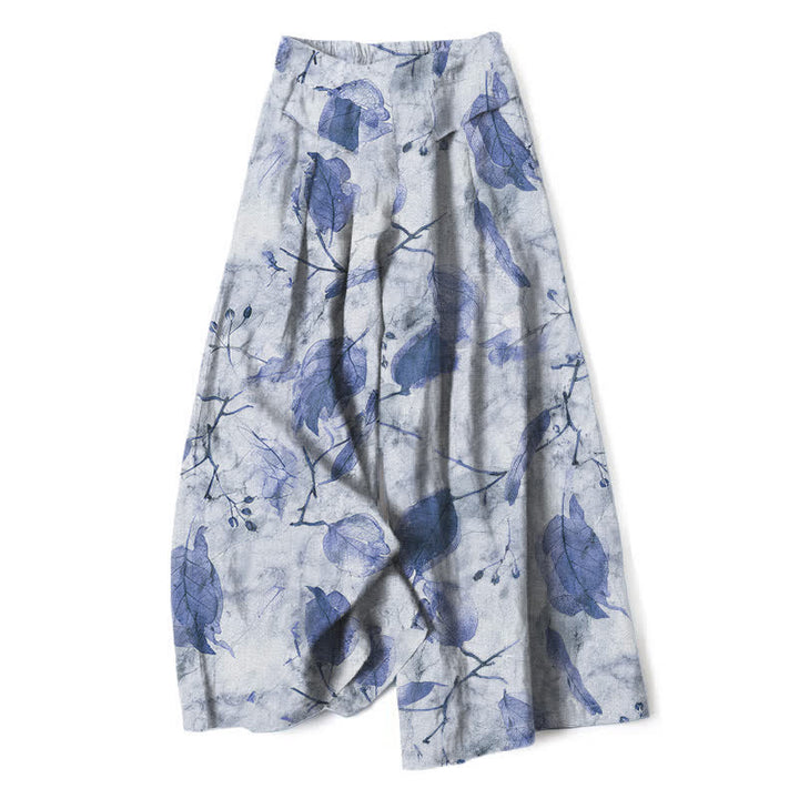 Buddha Stones Baumwoll-Leinen-Hose mit botanischem Blattmuster, elastischem Bund, weitem Bein und Taschen - Hellstahlblau - US16, UK/AU20, EU48 (3XL) - image 6