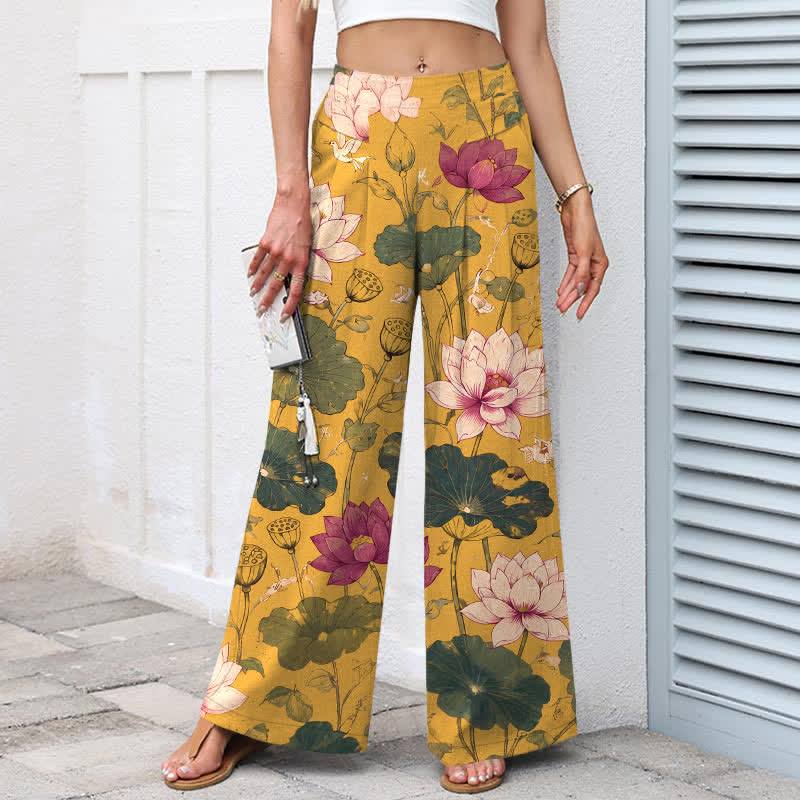Buddha Stones Baumwoll-Leinen-Hose mit tropischem Lotusblütenmuster, elastischem Bund, weitem Bein und Taschen - image 1