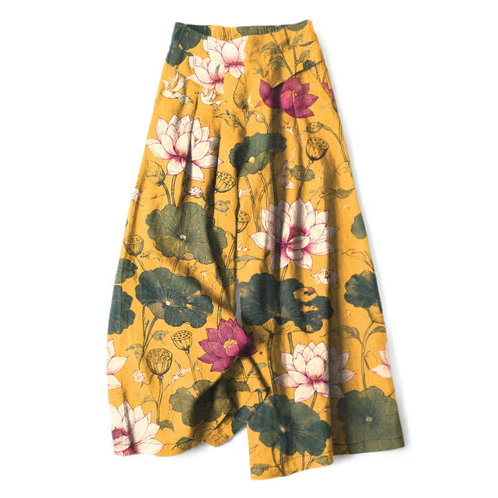 Buddha Stones Baumwoll-Leinen-Hose mit tropischem Lotusblütenmuster, elastischem Bund, weitem Bein und Taschen - Goldrute - US16, UK/AU20, EU48 (3XL) - image 0