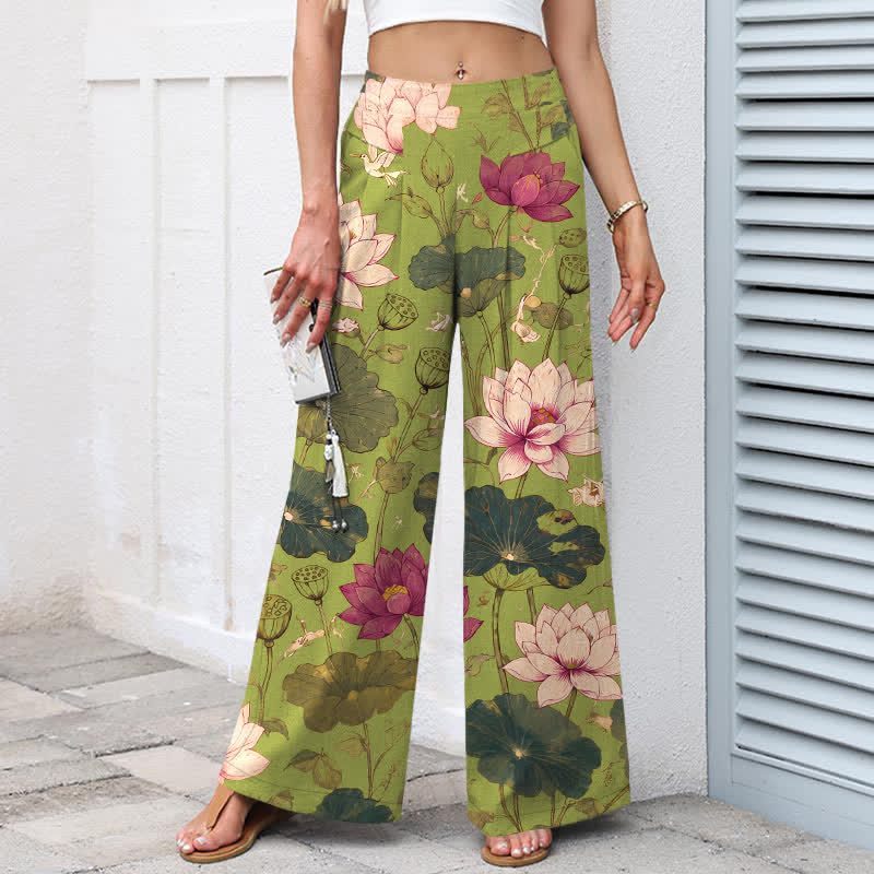 Buddha Stones Baumwoll-Leinen-Hose mit tropischem Lotusblütenmuster, elastischem Bund, weitem Bein und Taschen - image 5
