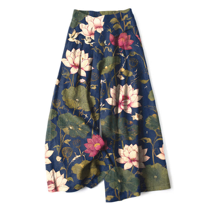 Buddha Stones Baumwoll-Leinen-Hose mit tropischem Lotusblütenmuster, elastischem Bund, weitem Bein und Taschen - Marine - US16, UK/AU20, EU48 (3XL) - image 6