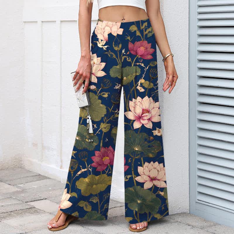 Buddha Stones Baumwoll-Leinen-Hose mit tropischem Lotusblütenmuster, elastischem Bund, weitem Bein und Taschen - image 7