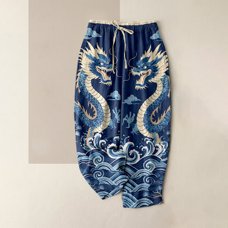 Buddha Stones Damenhose aus reiner Baumwolle mit elastischem Bund, Taschen und Zwillingsdrachen-Wellenmuster - Marine - US16, UK/AU20, EU48 (3XL) - image 0