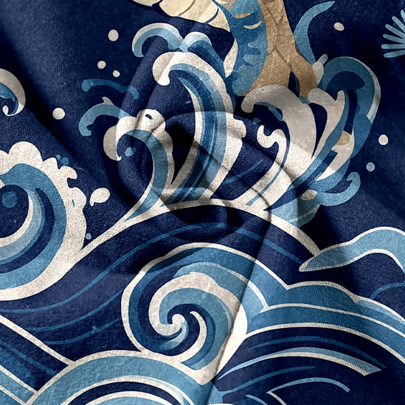 Buddha Stones Damenhose aus reiner Baumwolle mit elastischem Bund, Taschen und Zwillingsdrachen-Wellenmuster - image 3