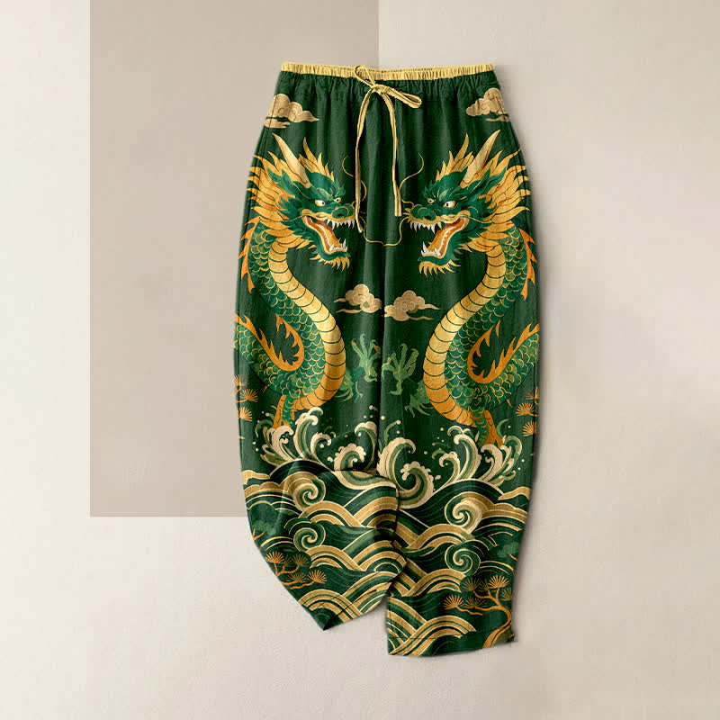 Buddha Stones Damenhose aus reiner Baumwolle mit elastischem Bund, Taschen und Zwillingsdrachen-Wellenmuster - Waldgrün - US16, UK/AU20, EU48 (3XL) - image 4
