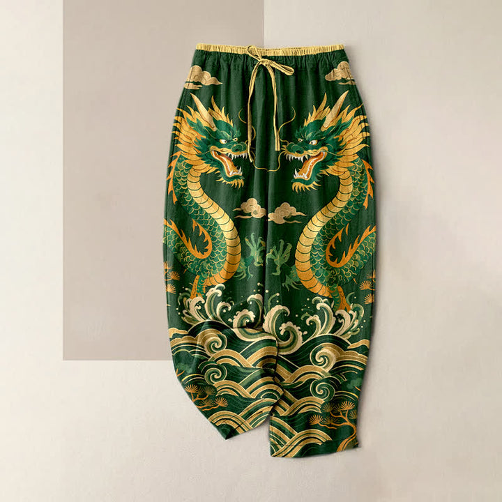 Buddha Stones Damenhose aus reiner Baumwolle mit elastischem Bund, Taschen und Zwillingsdrachen-Wellenmuster - Waldgrün - US16, UK/AU20, EU48 (3XL) - image 4