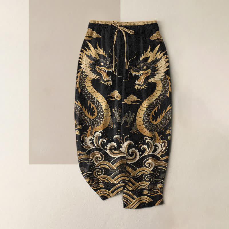 Buddha Stones Damenhose aus reiner Baumwolle mit elastischem Bund, Taschen und Zwillingsdrachen-Wellenmuster - Schwarz - US16, UK/AU20, EU48 (3XL) - image 5
