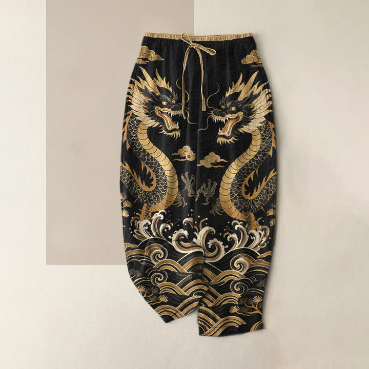Buddha Stones Damenhose aus reiner Baumwolle mit elastischem Bund, Taschen und Zwillingsdrachen-Wellenmuster - Schwarz - US16, UK/AU20, EU48 (3XL) - image 5
