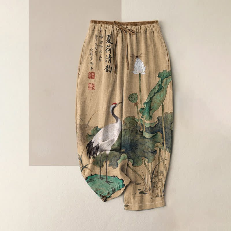 Buddha Stones Damenhose aus reiner Baumwolle mit Kranich- und Lotus-Tintenmuster, elastischem Bund und Taschen - BurlyWood - US16, UK/AU20, EU48 (3XL) - image 0